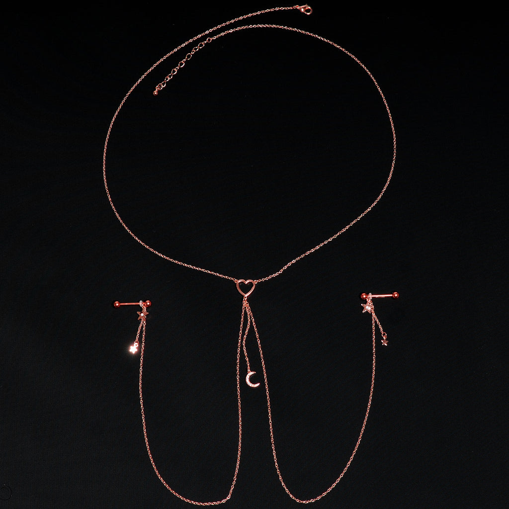 14G 5/8 Aurora Gem Rose Gold Hue Star Moon Nipple Chain Necklace