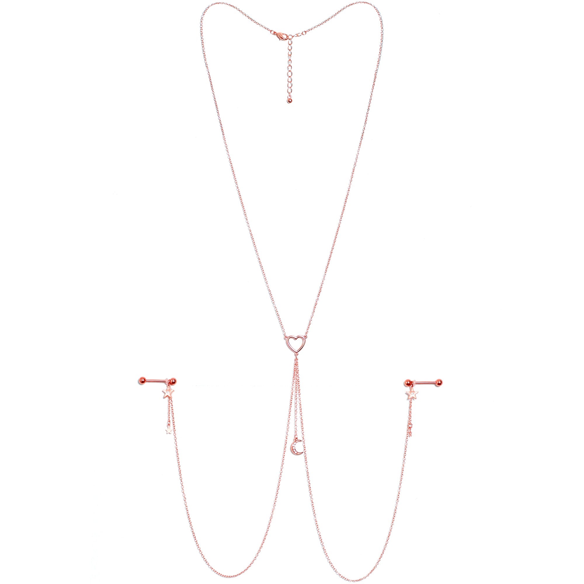 14G 5/8 Clear Gem Rose Gold Hue Star Moon Nipple Chain Necklace