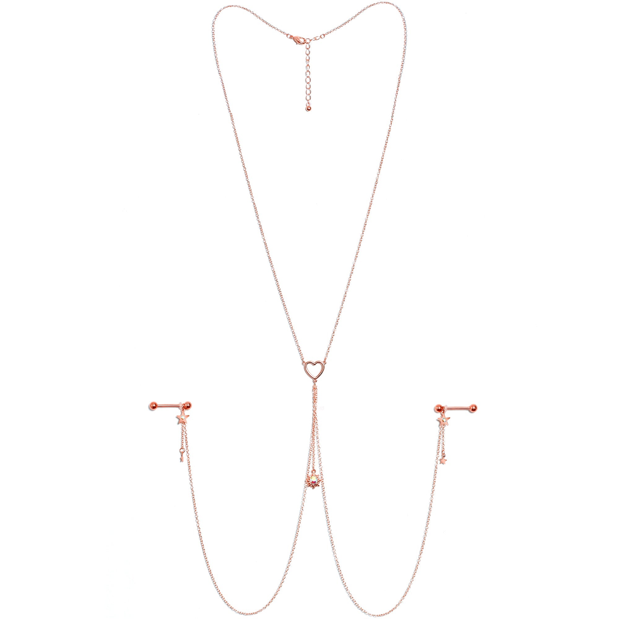 14G 5/8 Aurora Gem Rose Gold Hue Star Sun Nipple Chain Necklace