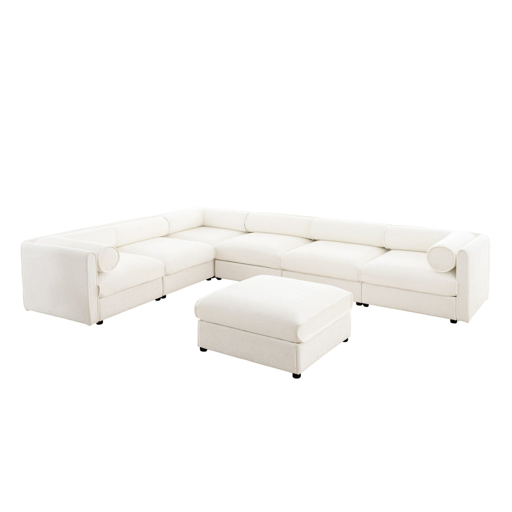Large Modular Sectional Sofa Sectional Couch with Storage Chenille Sectional Sofa for Living Room, Cylindrical Backrest and Armrests 6 Seats,White