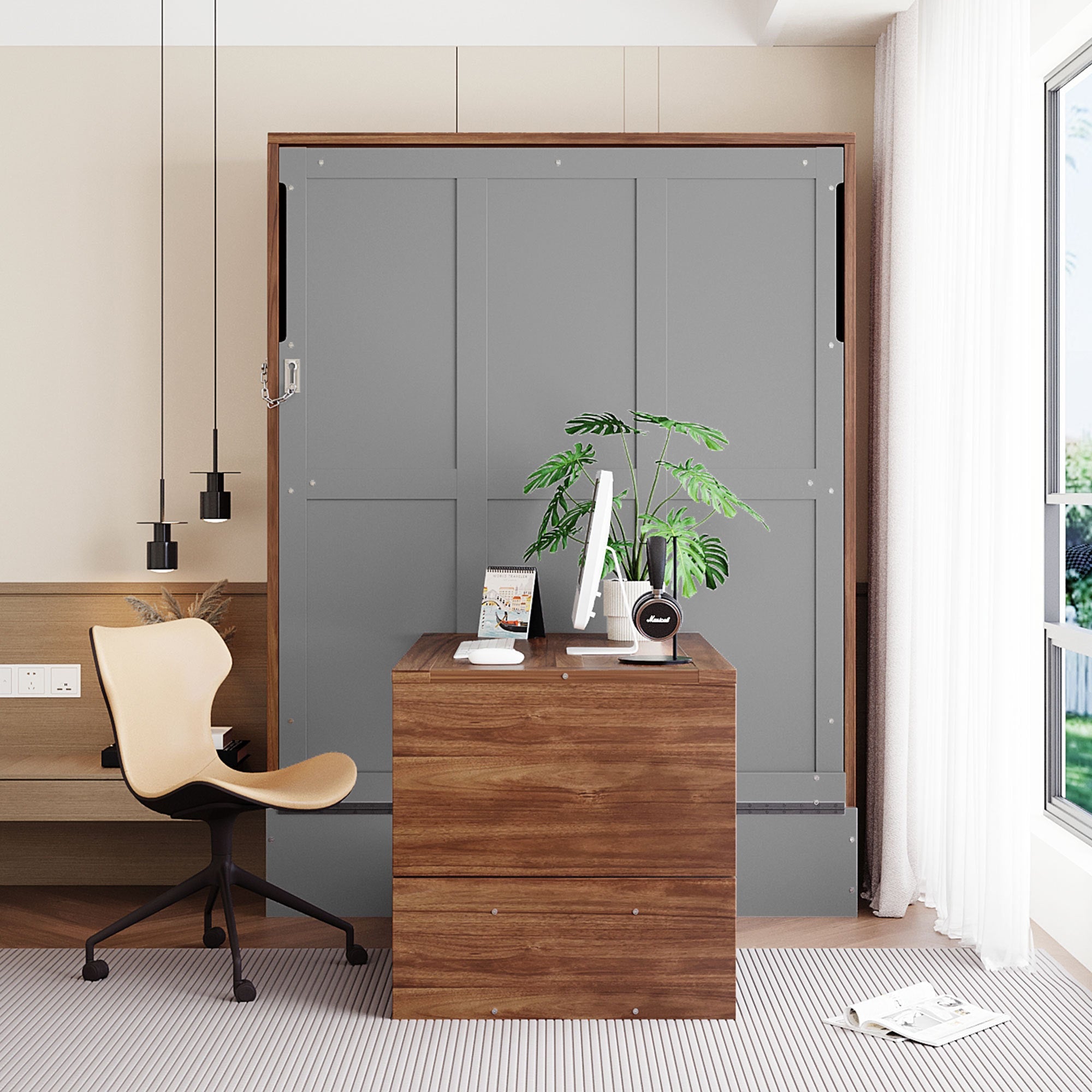 Full Size Murphy Bed with Foldable Desk – Space Saving Wall Bed - Walnut & Gray