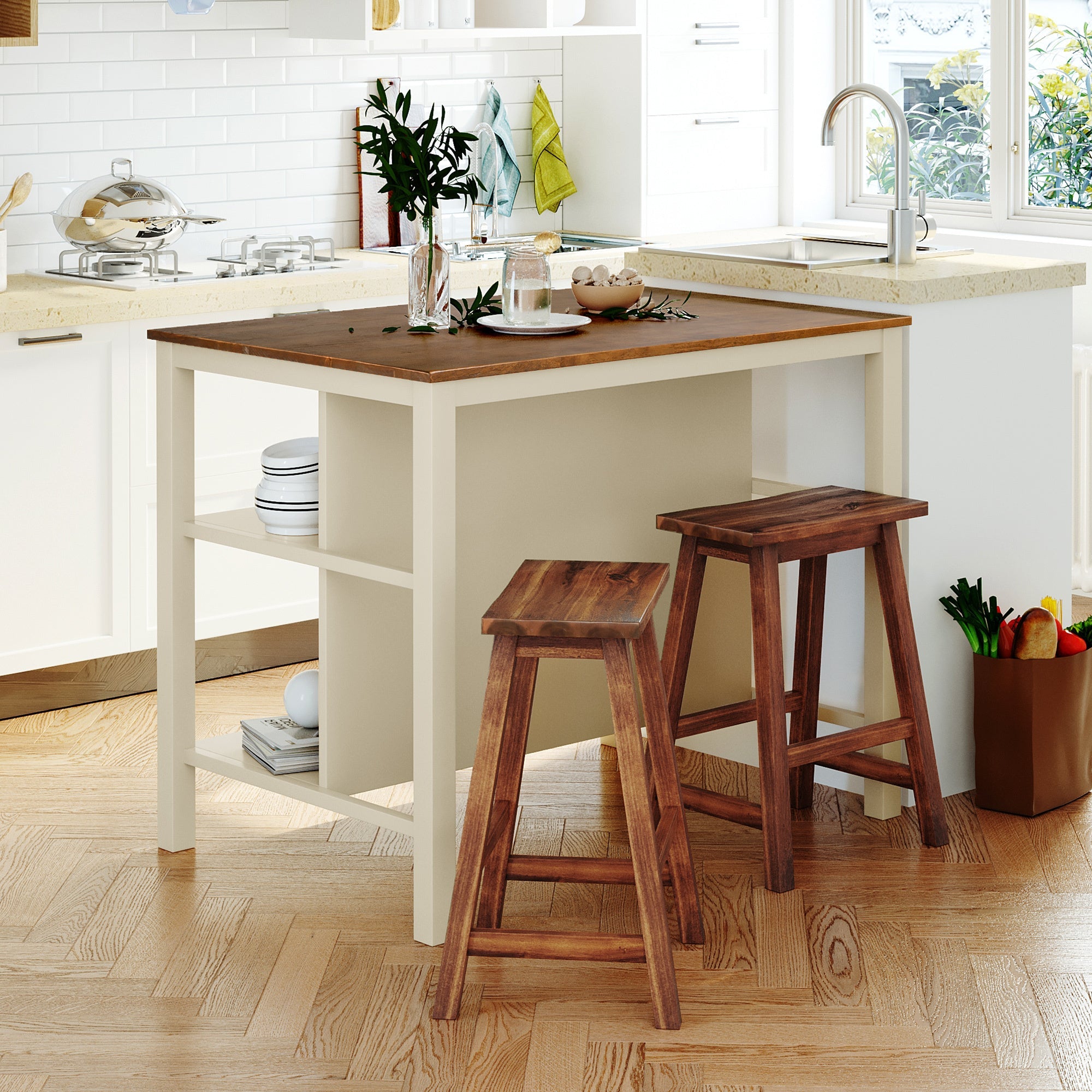 TOPMAX Rustic 3-piece Stationary Kitchen Island Set with Butcher Block and Seating, Walnut and Cream White