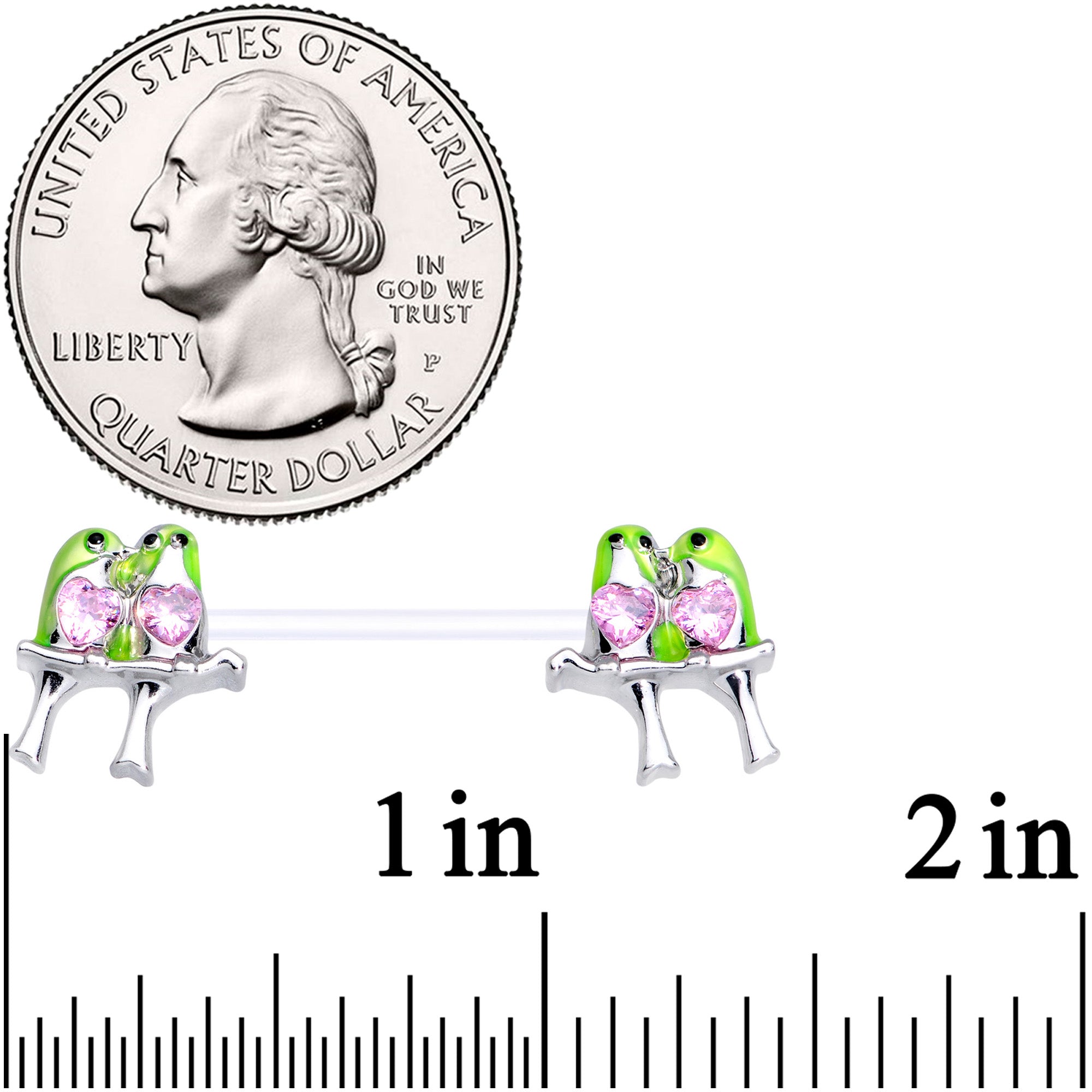 14G 9/16 Pink Gem Bioplast Green Lovebirds Barbell Nipple Ring Set