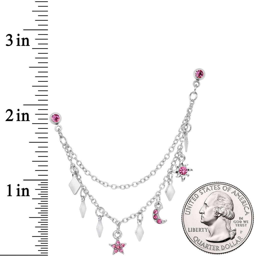 16G 1/4 Pink Gem Moon Star Sun Dangle Cartilage Chain Earring