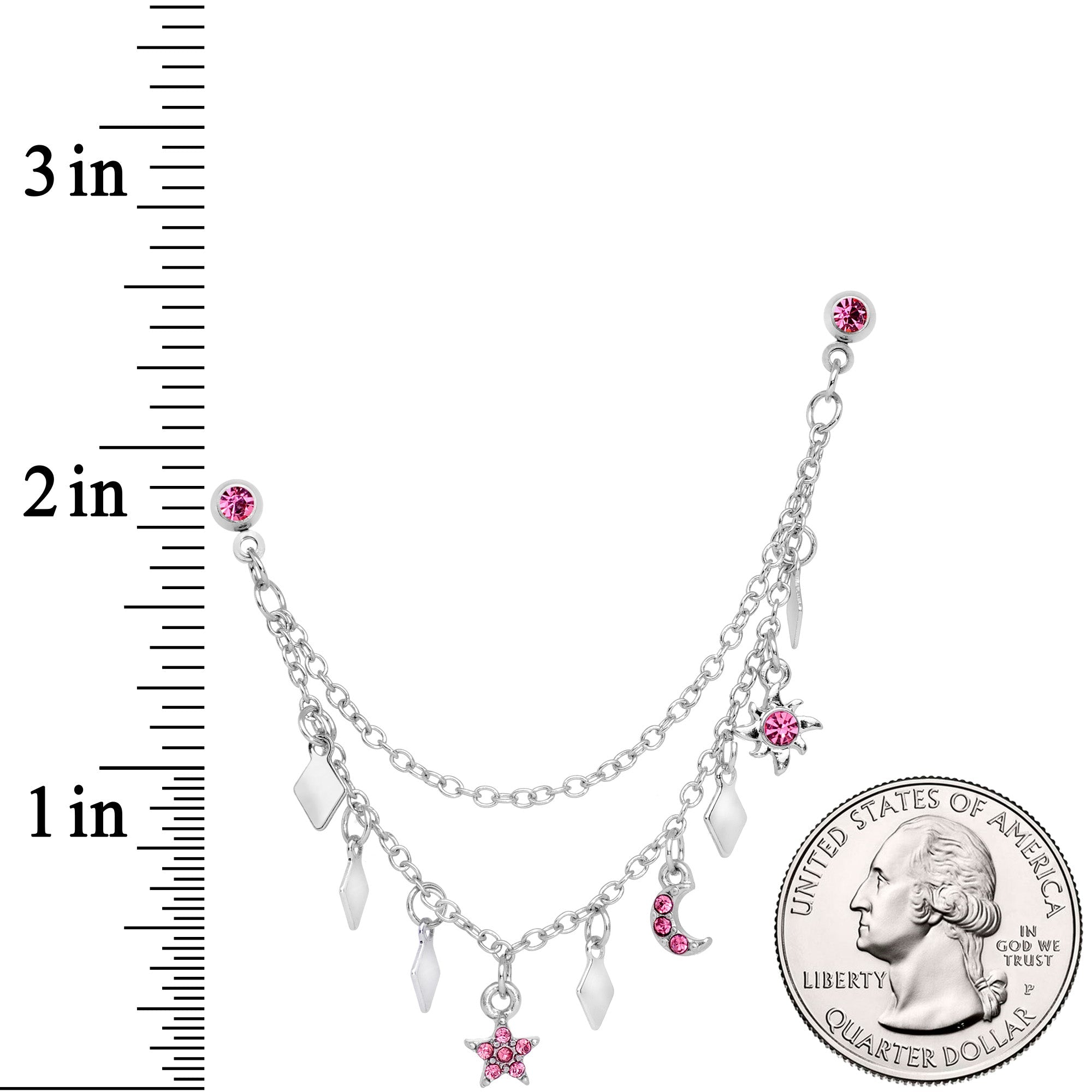 16G 1/4 Pink Gem Moon Star Sun Dangle Cartilage Chain Earring