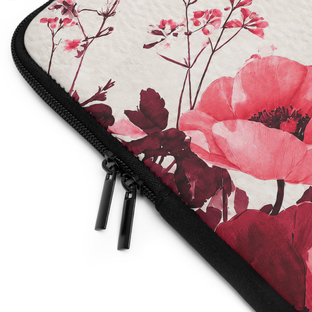 Pink Poppy Watercolor Laptop Sleeve | Floral Bee Tech Cover for Women