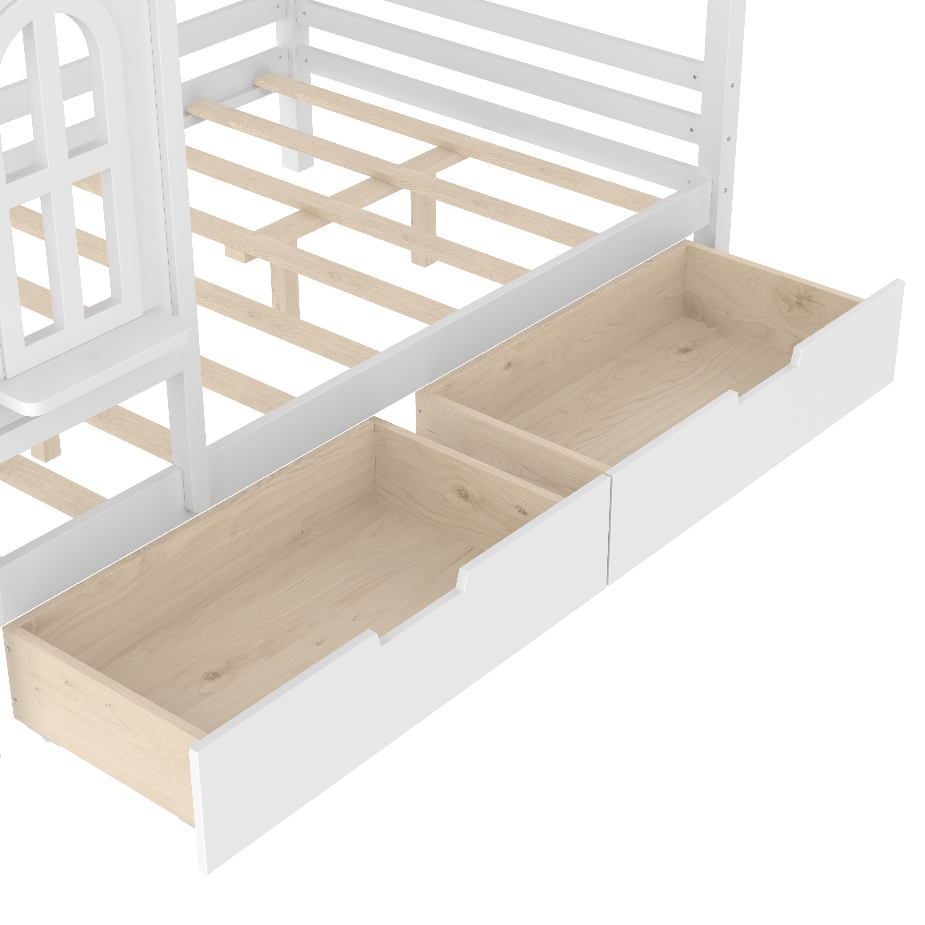 Full house Beds with Storage Drawers and Window, Solid Wood House Platform Bed Frame with shelves, for Kids, Girls, Boys, No Spring Box Needed and Childlike Design, White
