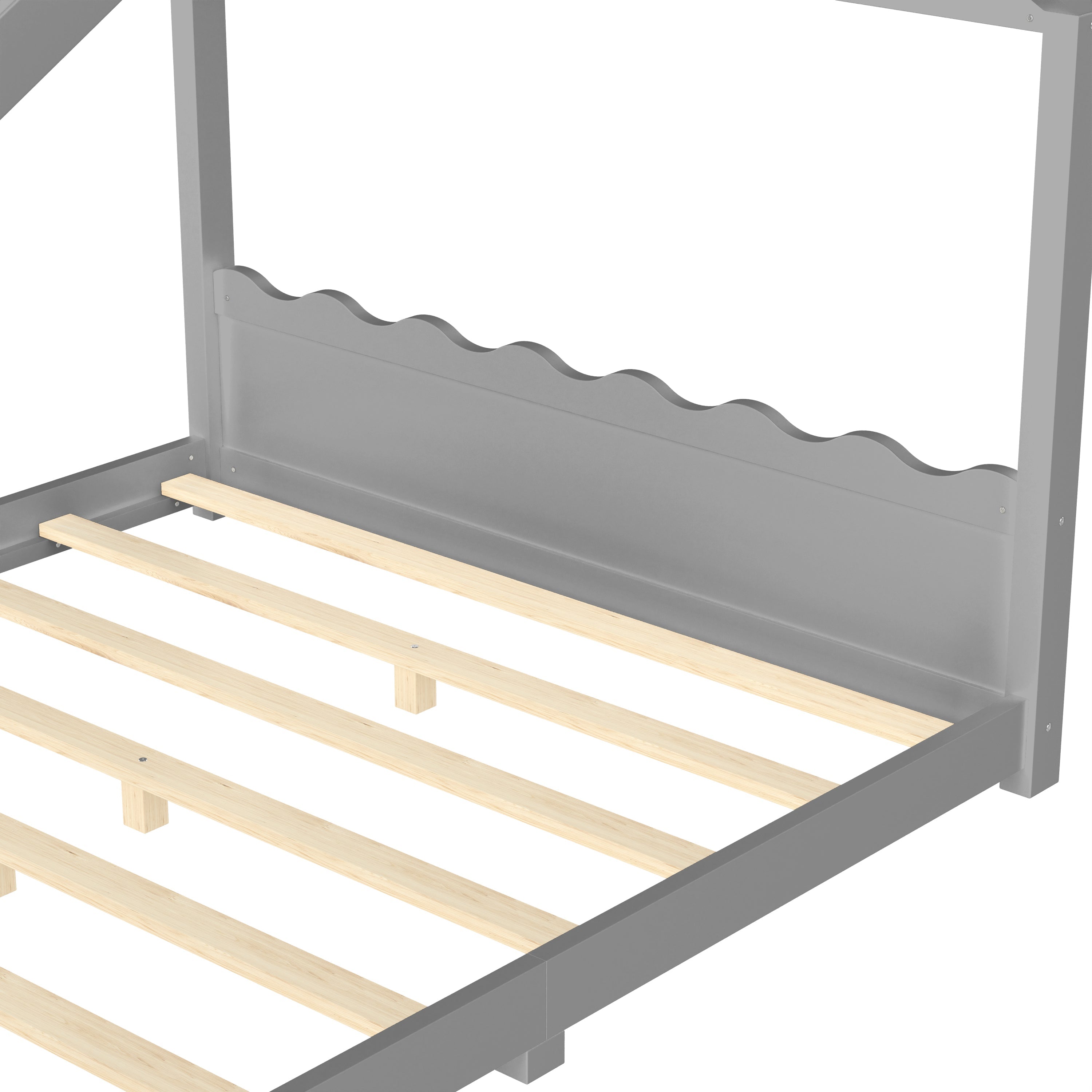 Queen House Floor Bed with Support Slats, Solid Wood House Bed Frame for Kids, No Box Spring Needed and Opening Constructure, Gray
