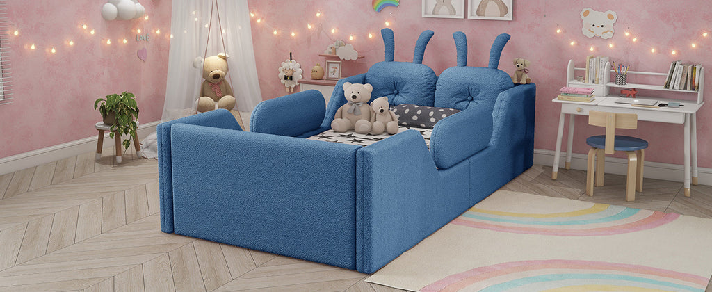 Twin Size Upholstered Platform Bed with Rabbit Cushion, Kids Floor Upholstered Bed with Removable Side Rails, Blue(Expect Arrival Date 2025/1/15)