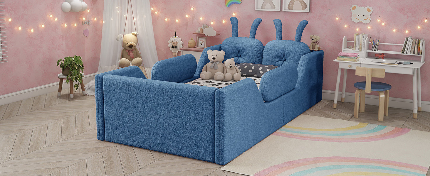 Twin Size Upholstered Platform Bed with Rabbit Cushion, Kids Floor Upholstered Bed with Removable Side Rails, Blue(Expect Arrival Date 2025/1/15)