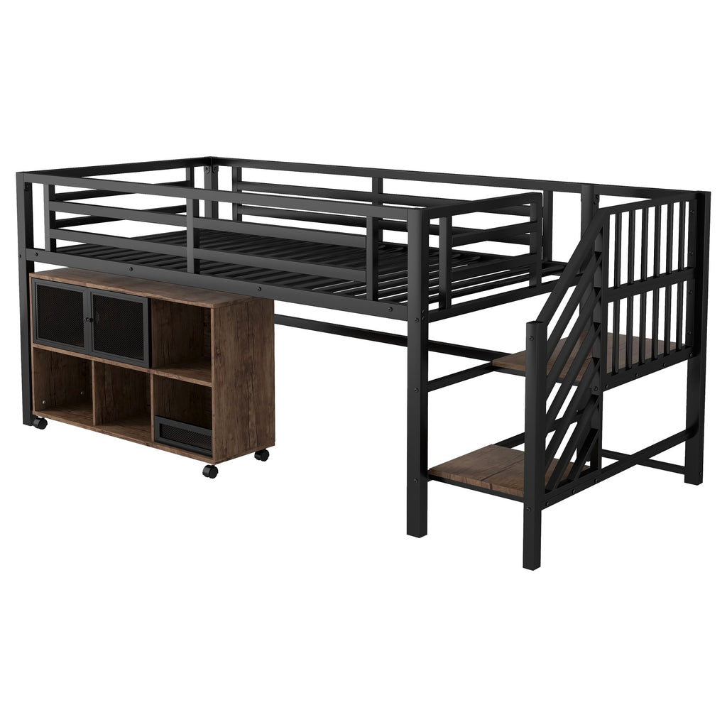 Twin Metal Loft Bed with Storage Cubby, Low Metal Loft Bed with Stairs for Kids, Black, Expect Arrival Date 2025/11/10