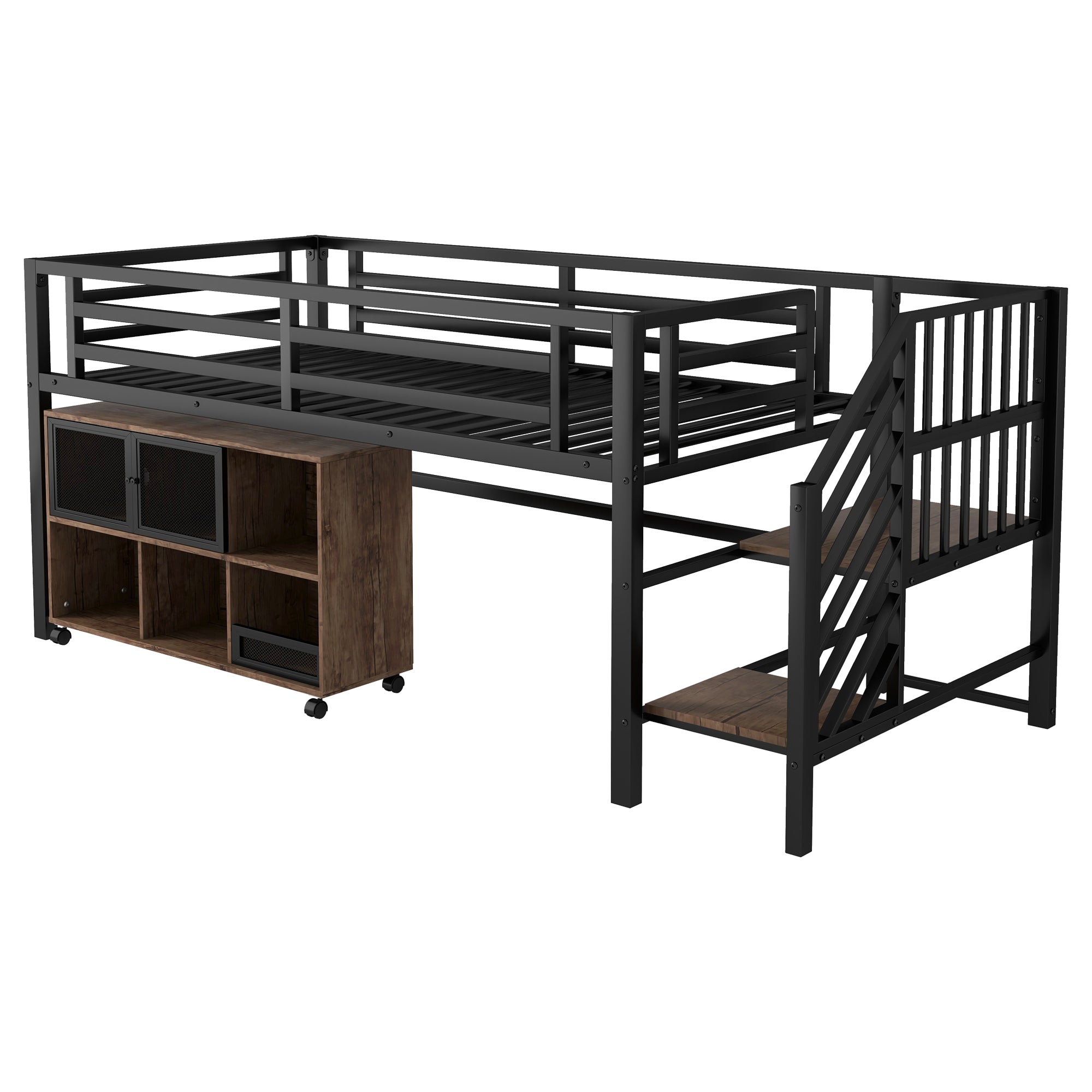 Twin Metal Loft Bed with Storage Cubby, Low Metal Loft Bed with Stairs for Kids, Black, Expect Arrival Date 2025/11/10