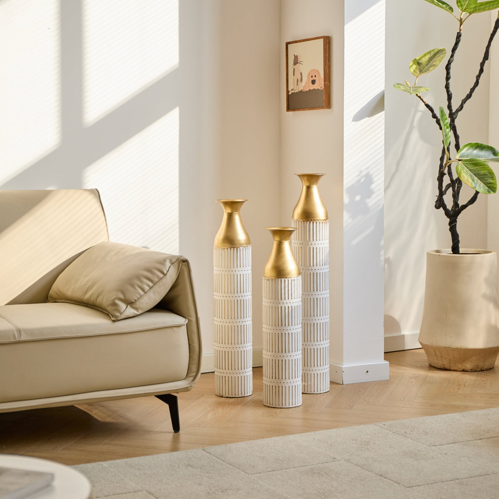 Floor Metal Vases Decorated White Metal Vases Set of 3 Gorgeous Home Decoration Large Glazed Metal Vases 24in/28.7in/33.5in Height