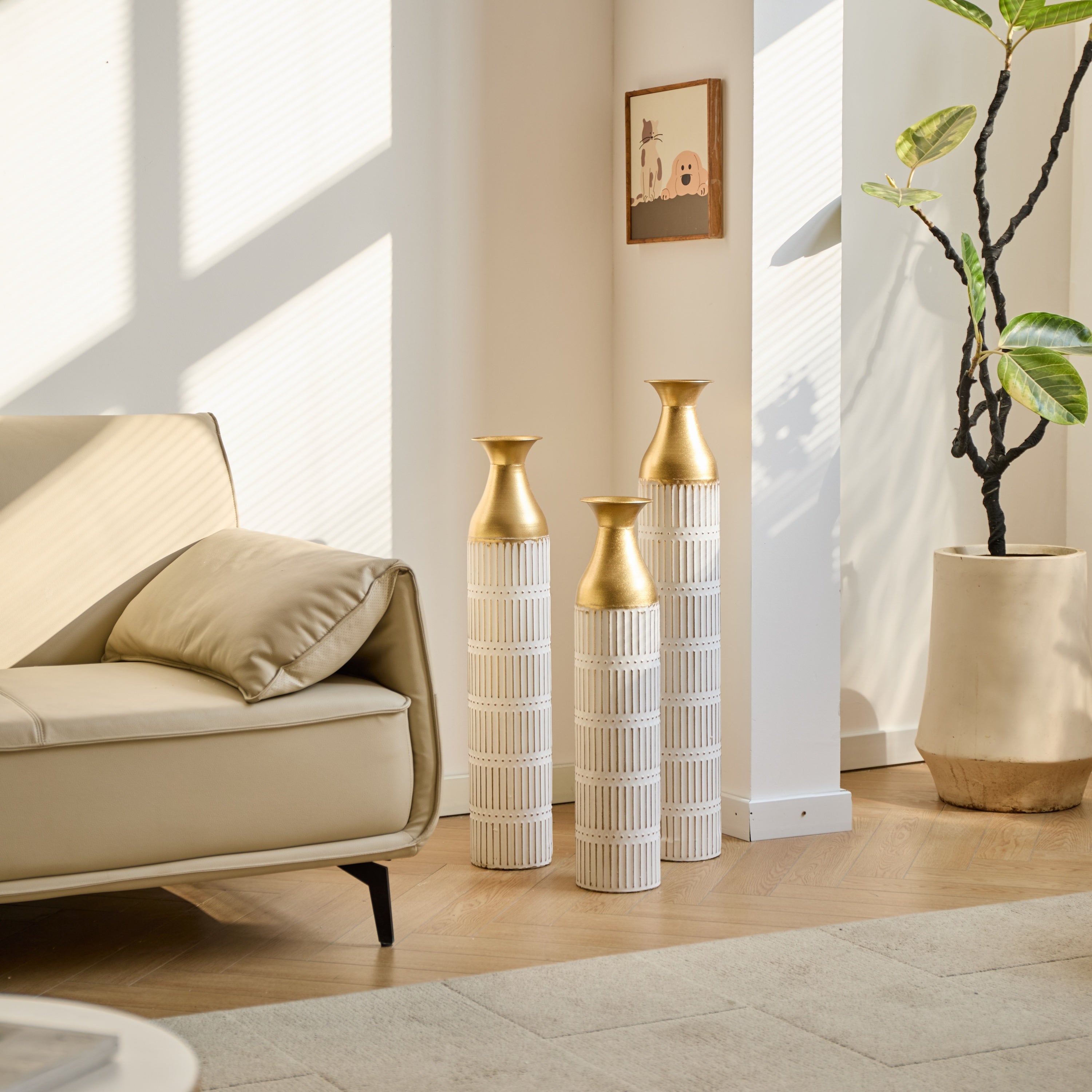 Floor Metal Vases Decorated White Metal Vases Set of 3 Gorgeous Home Decoration Large Glazed Metal Vases 24in/28.7in/33.5in Height