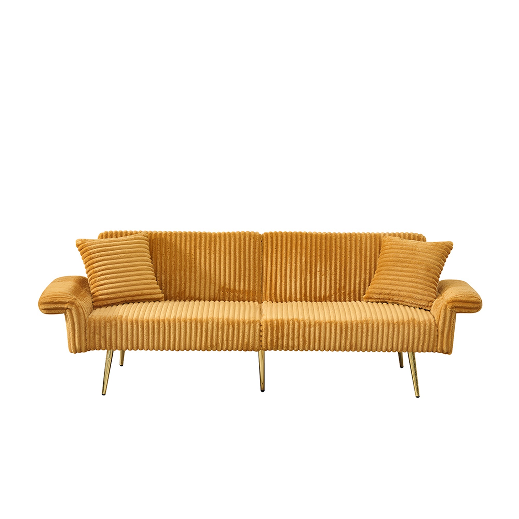 Luxury Corduroy Foldable Double Sofa Bed with Folding Armrests, Yellow, Solid Wood Frame, 79 Inch