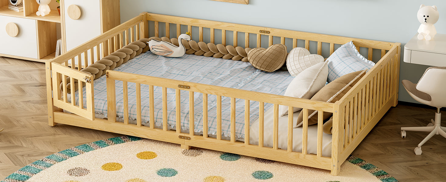 Queen Size Bed Floor Bed with Safety Guardrails and Door for Kids, Natural( Old SKU:W1580P154630)