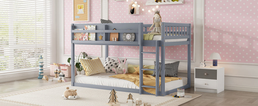 Low Twin Over Twin Bunk Bed, Floor Bunk Bed with Ladder, Solid Wood Twin Bunk Bed for Kids & Juniors, Grey(Expect Arrival Date 2025/11/25)