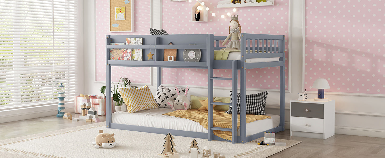 Low Twin Over Twin Bunk Bed, Floor Bunk Bed with Ladder, Solid Wood Twin Bunk Bed for Kids & Juniors, Grey(Expect Arrival Date 2025/11/25)