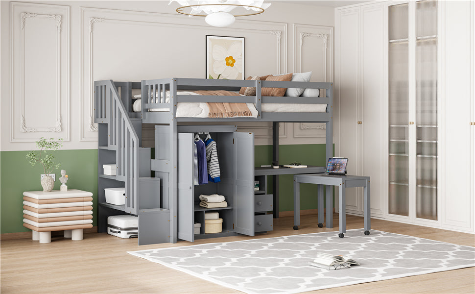 Twin Size Loft Bed with Stairs, Bookshelf, Drawers, Desk & Wardrobe – Space-Saving Multifunctional Furniture for Kids & Teens-Gray