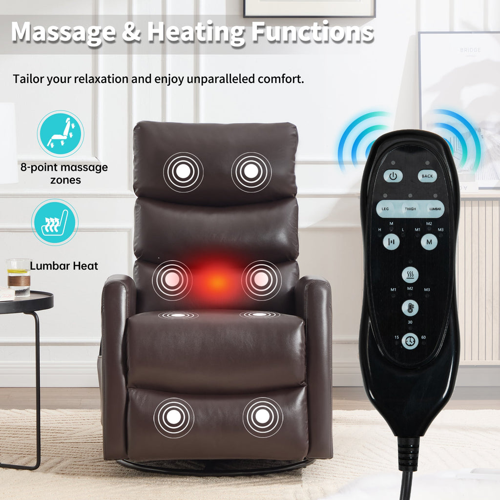 Heat Massage Manual Recliner Chair with Rocker and Swivel in Fabric for Living Room, Brown