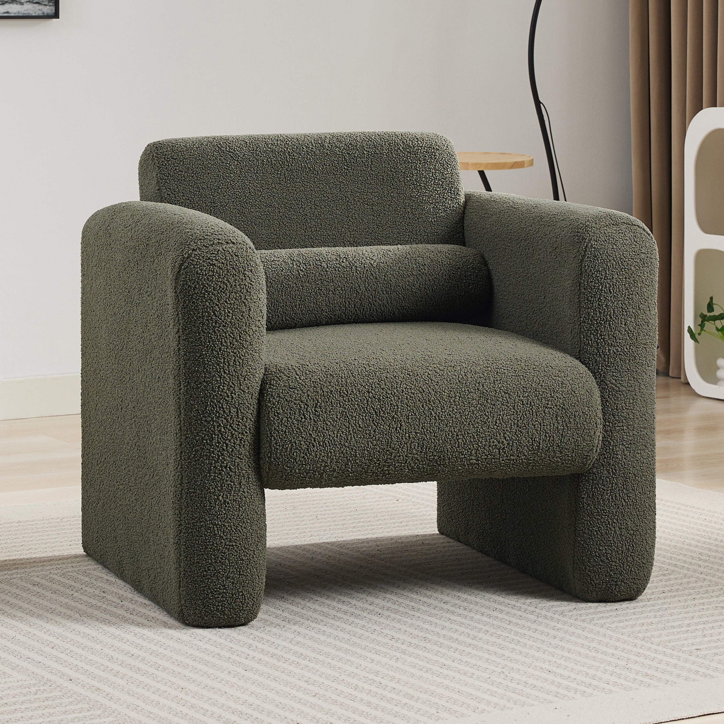 Modern Accent Chair Lambskin Sherpa Fabric Upholstered Comfy Reading Arm Chair Seaweed Green