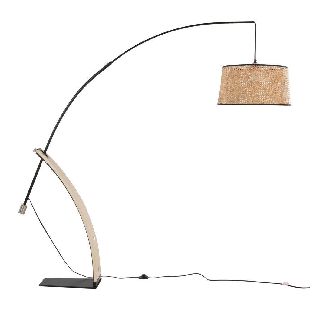 Robyn-Salon Mid-Century Modern Floor Lamp in Natural Wood and Black Metal with Natural Rattan Shade by LumiSource