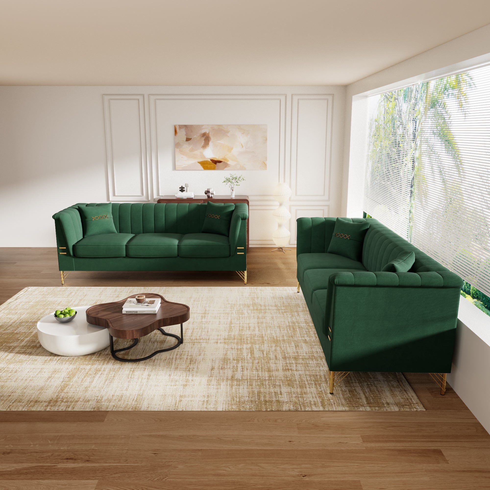 FX-P82-2PC SOFA -GR3  Green Velvet Sofa Set of 2, Two Modern 3-Seater Sofas with Plush Cushions & Gold-Tone Metal Legs  Stylish Living Room Couch Set for Homes, Apartments, and Guest Areas