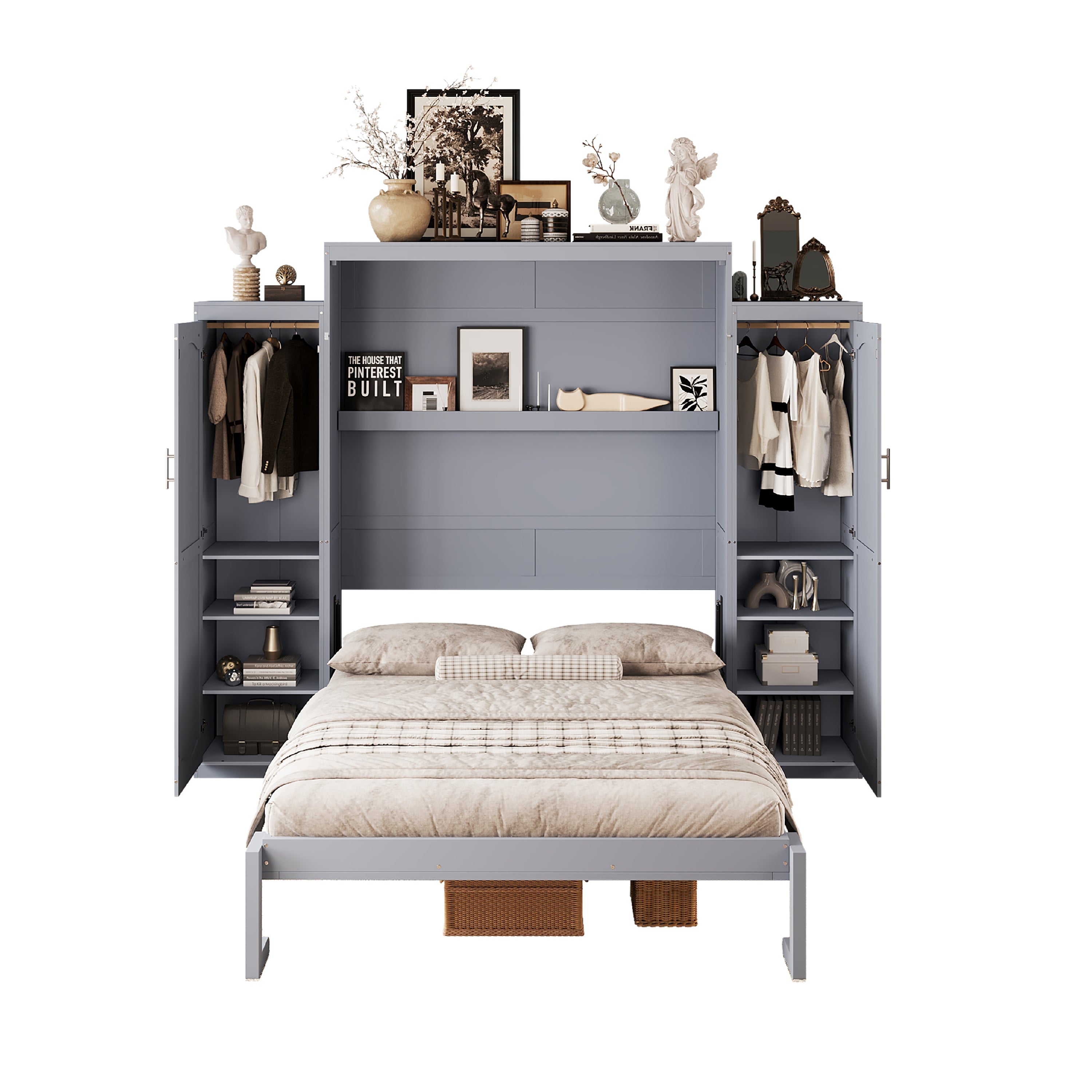 Queen Size Murphy Bed, Wooden Queen Wall Bed with 2 Wardrobe and Storage Shelf, Multifunctional Foldable Platform Bedframe for Guest-Room, Bedroom, Gray