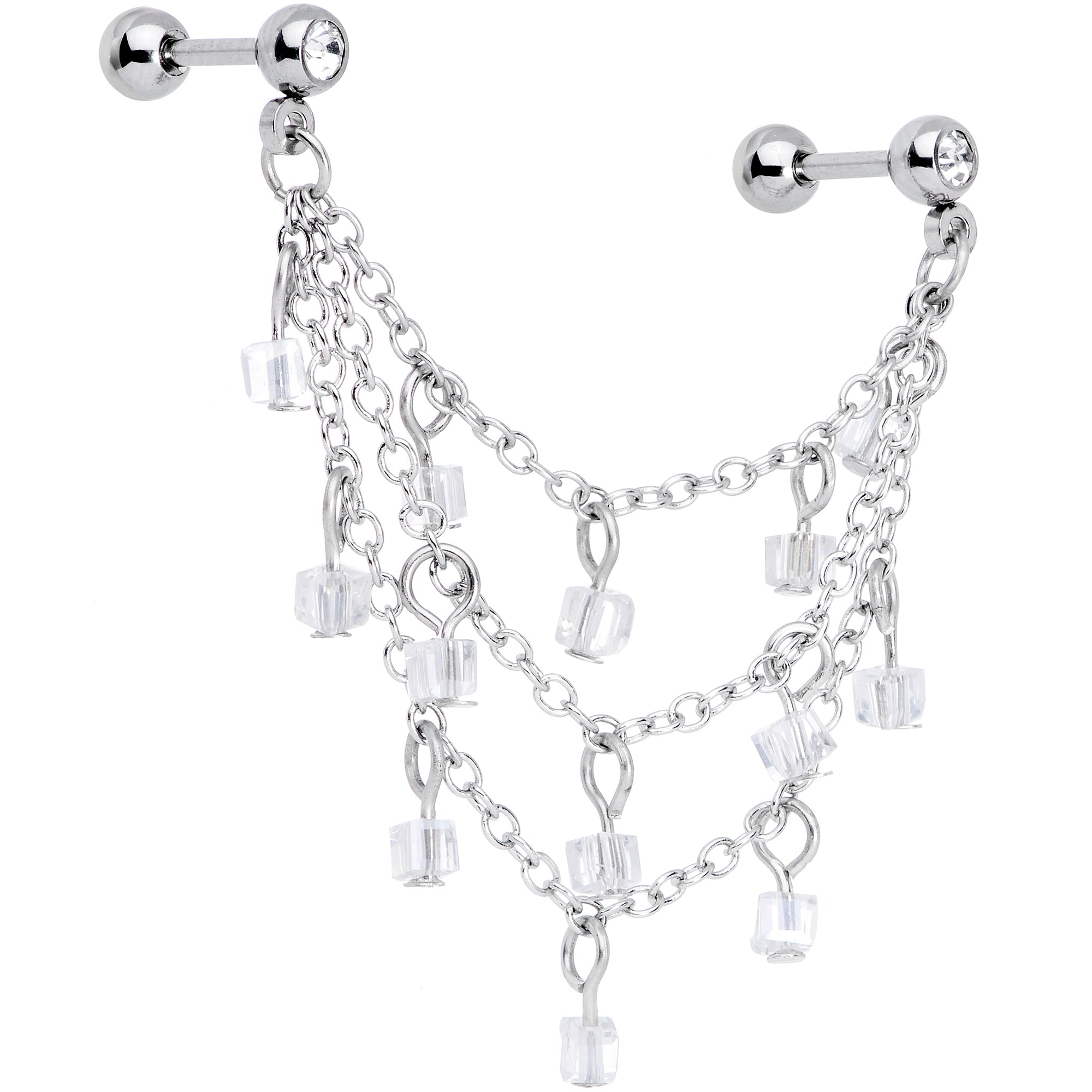 16G 1/4 Clear Gem Clear Cube Triple Dangle Cartilage Chain Earring