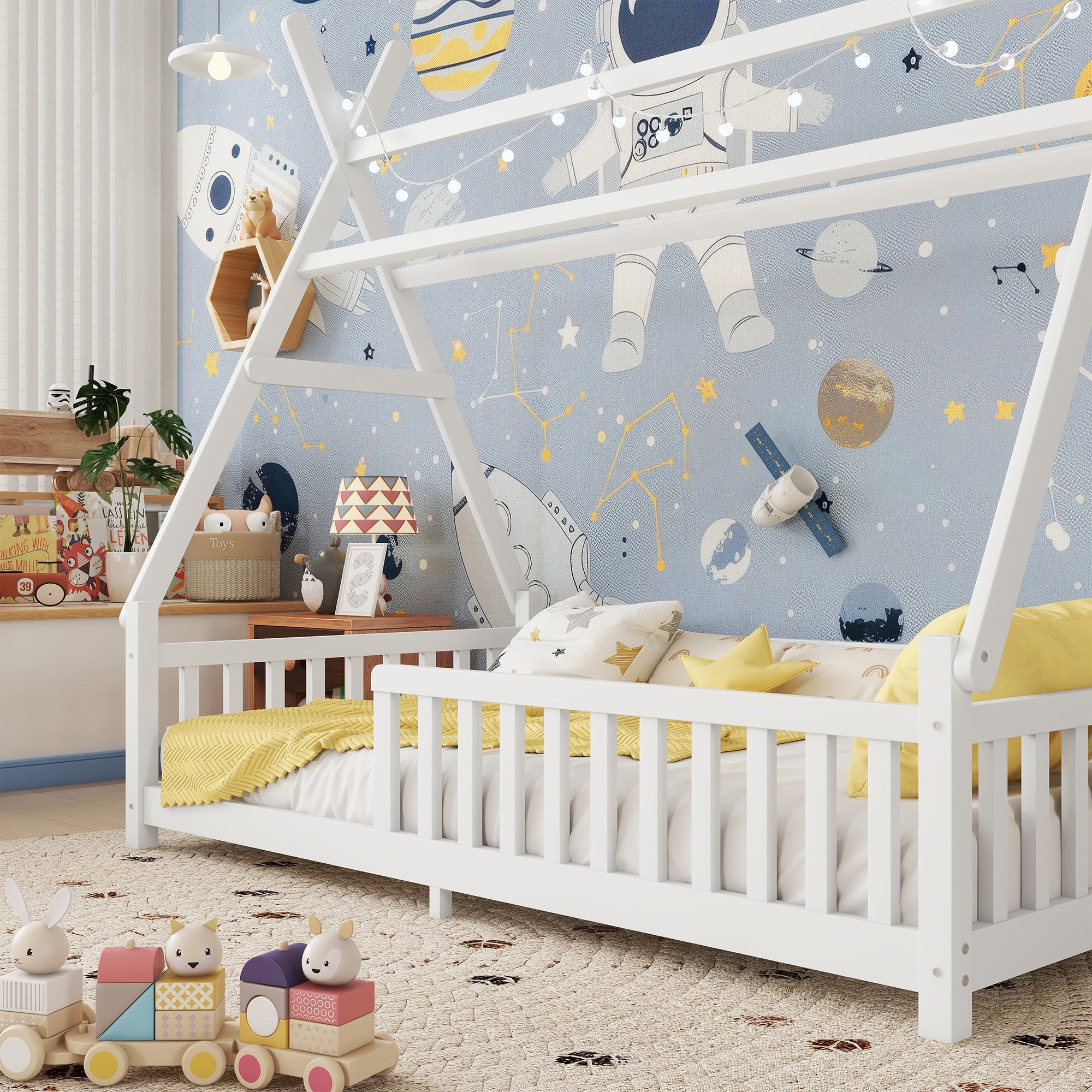 Twin House Bed with Light, Low Floor House Bed with Fence and Roof for Kids Boys Girls,White(Expect arrive date 2025/7/20)