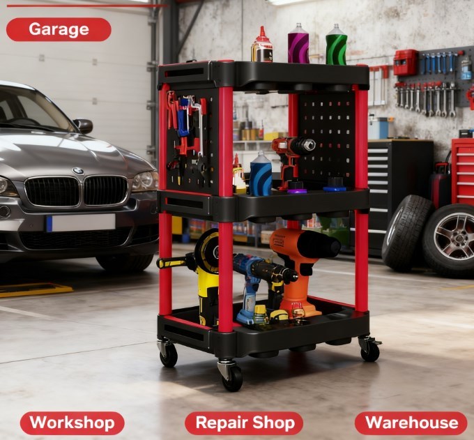 Capacity Plastic Utility Cart,3-Tier Rolling Tool Cart with Side Shelves for Garage, Workshop