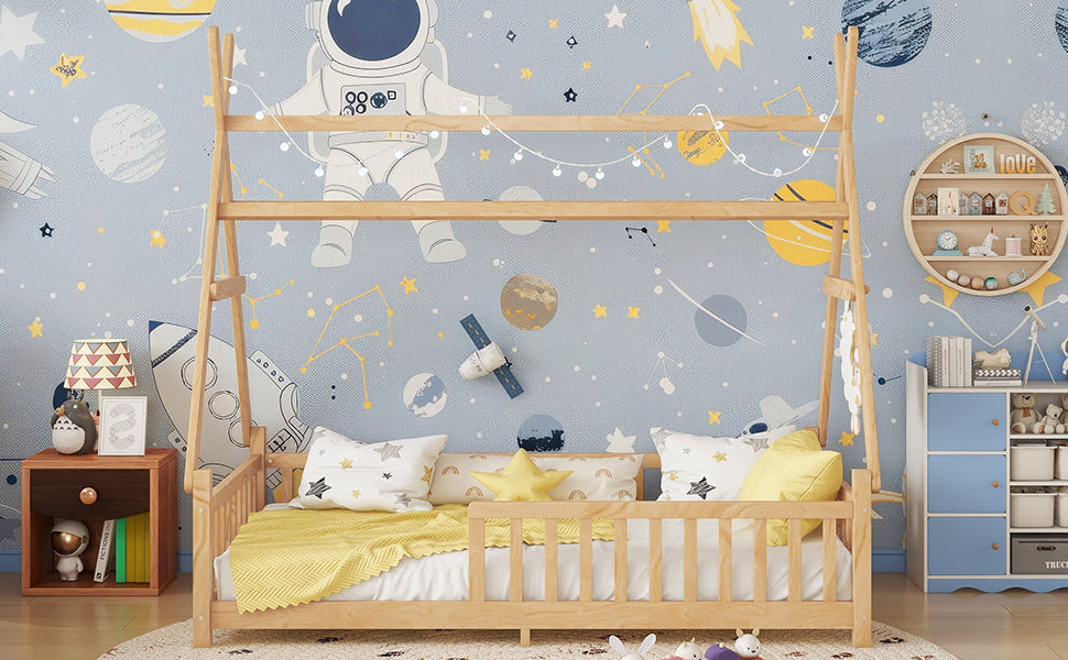 Twin House Bed with Light, Low Floor House Bed with Fence and Roof for Kids Boys Girls,Natural(Expect arrive date 2025/7/20)