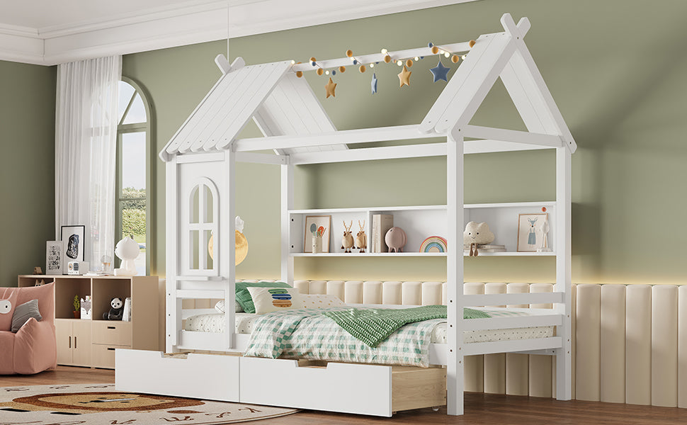 Twin house Beds with Storage Drawers and Window, Solid Wood House Platform Bed Frame with shelves, for Kids, Girls, Boys, No Spring Box Needed and Childlike Design, White