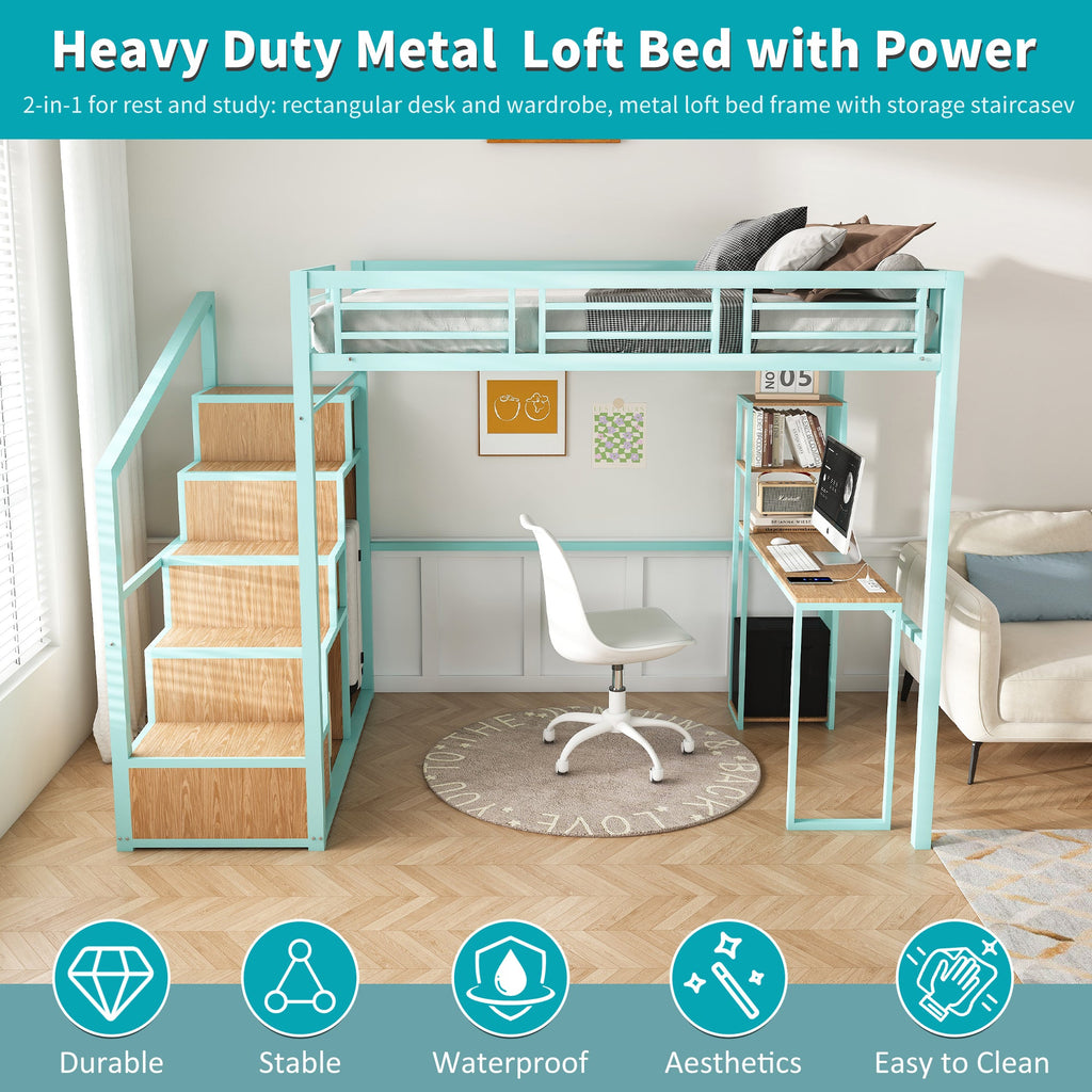 Heavy Metal Frame Full Loft Bed with Desk & Storage, 4 Cabinets, Staircase, Rack Space-Saver for Kids/Teens, Green Color