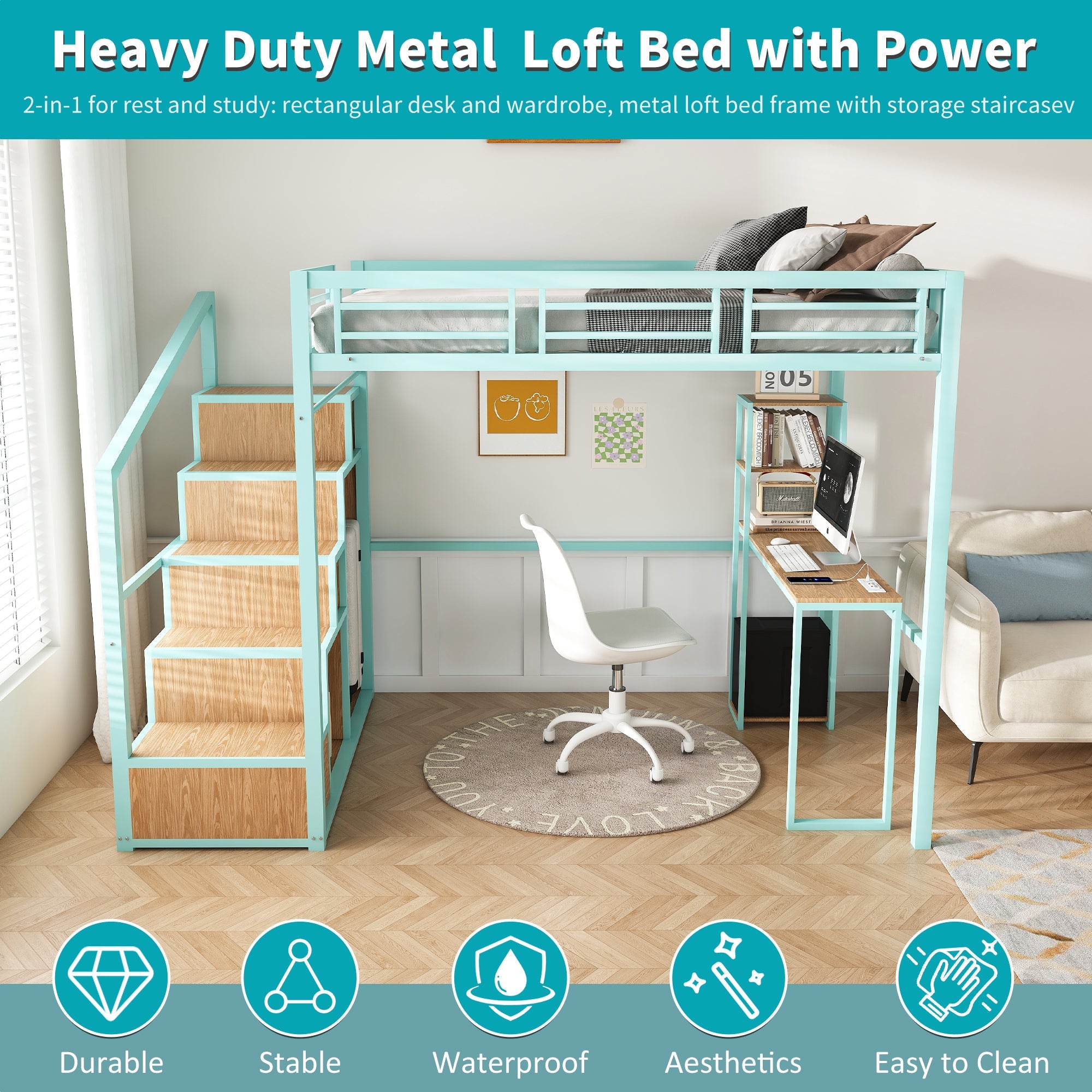 Heavy Metal Frame Full Loft Bed with Desk & Storage, 4 Cabinets, Staircase, Rack Space-Saver for Kids/Teens, Green Color