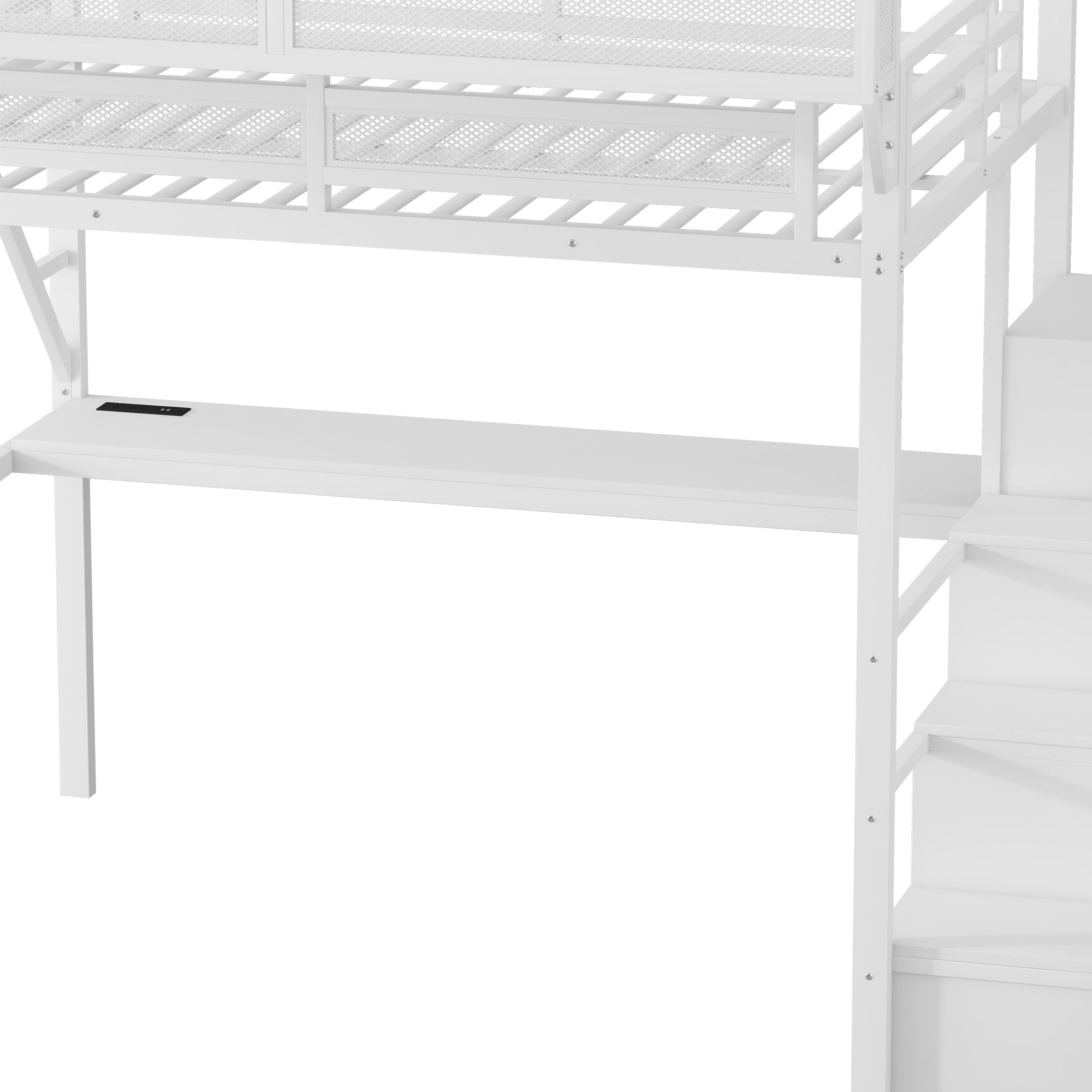 Full Loft Bed with Desk and Charging Station, Full Size Metal Loft Bed with Stairs and Light for Kids Teens,White OLD  SKU W2580S00046