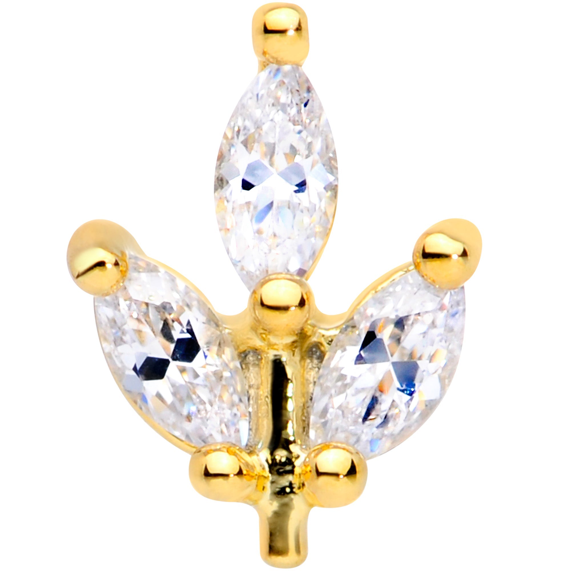 16G 1/4 CZ Gem Gold PVD Leaf Threadless Push In Labret Tragus