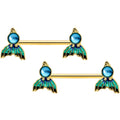 14G 9/16 Gold Tone Blue Green Mermaid Tail Barbell Nipple Ring Set