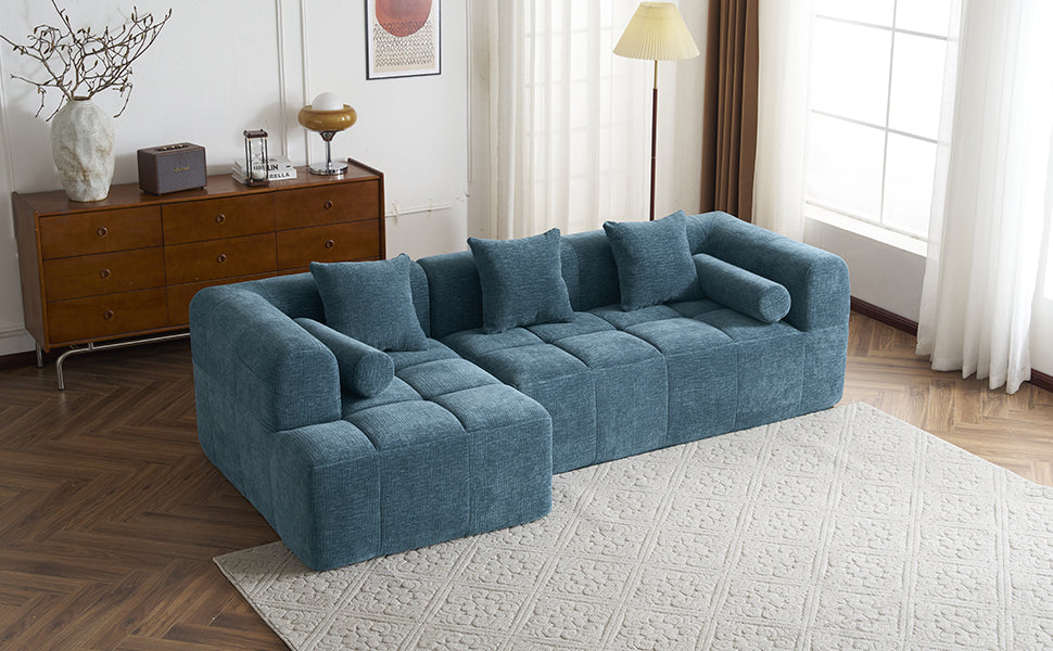 Modern Modular Sofa with Deep Seating, Two Side Pockets, and Plush Pillows in Blue Chenille Fabric, 101.2'