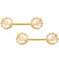 14G 9/16 Clear Gem Gold Tone Saturn Moon Barbell Nipple Ring Set