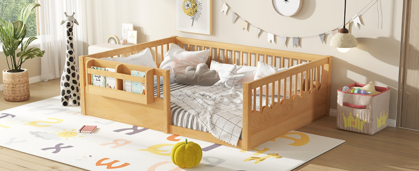 Full Floor bed with Heightened Fence and bookshelf ,Wood Floor Bed for Kids,Natural.