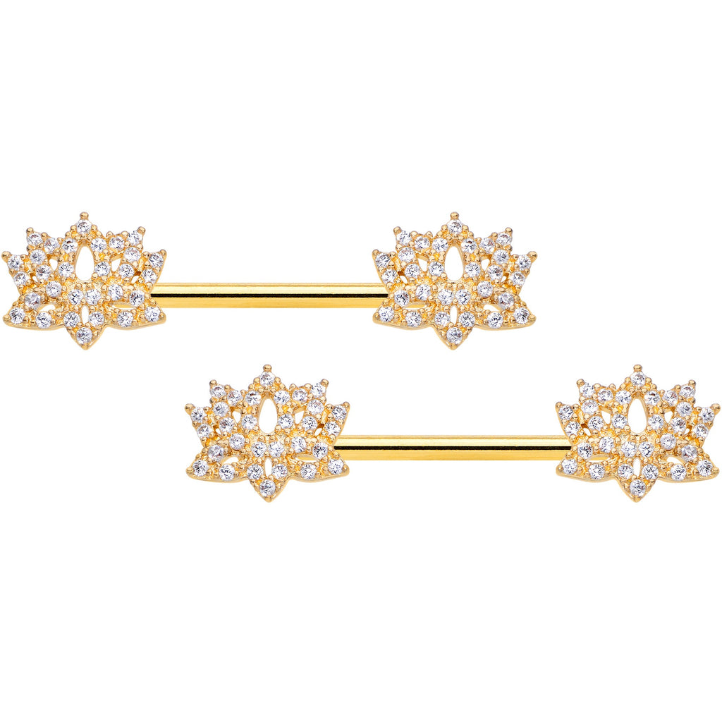 14G 9/16 Clear CZ Gem Gold Tone Lotus Flower Nipple Ring Set