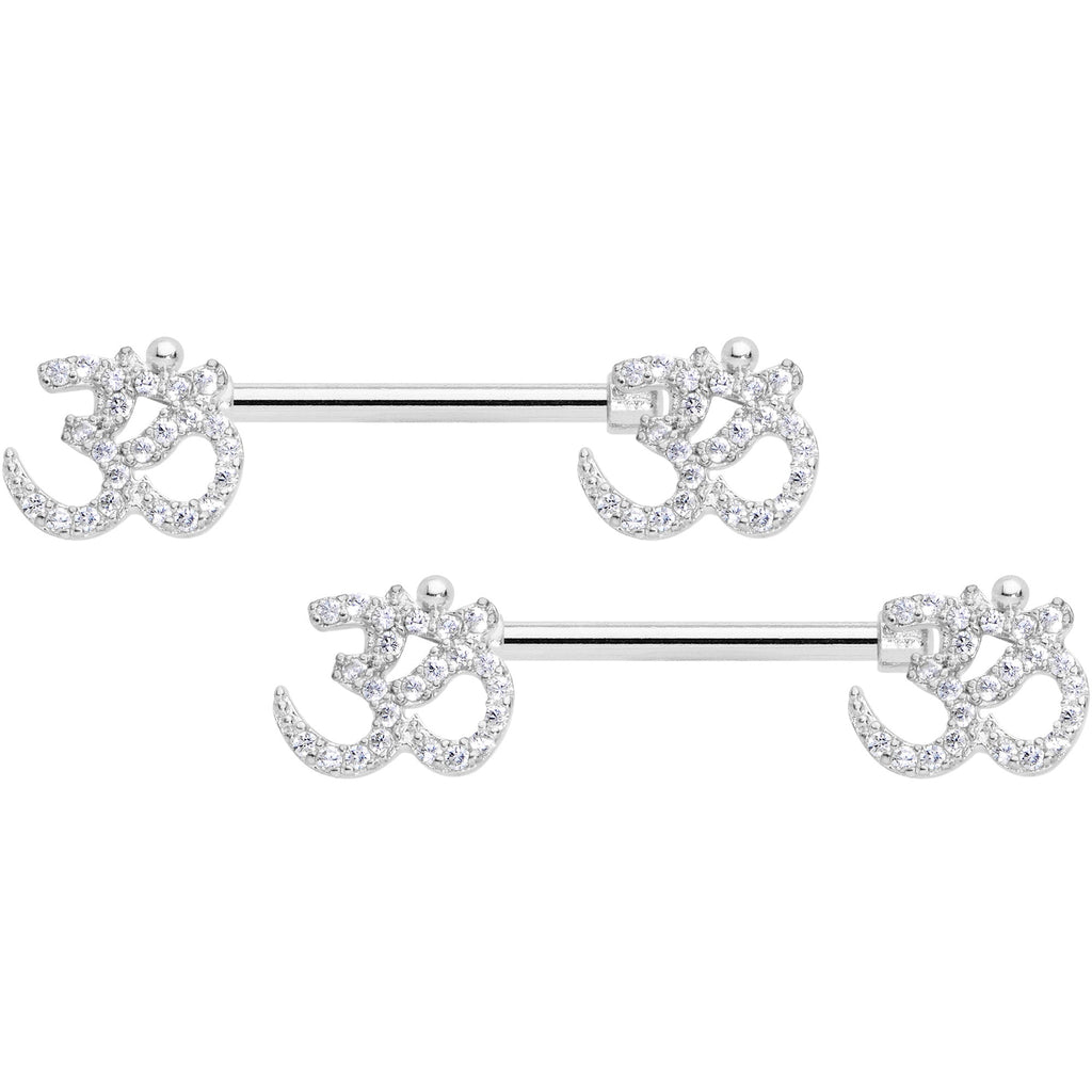 14G 9/16 Clear CZ Gem Amazing Om Barbell Nipple Ring Set