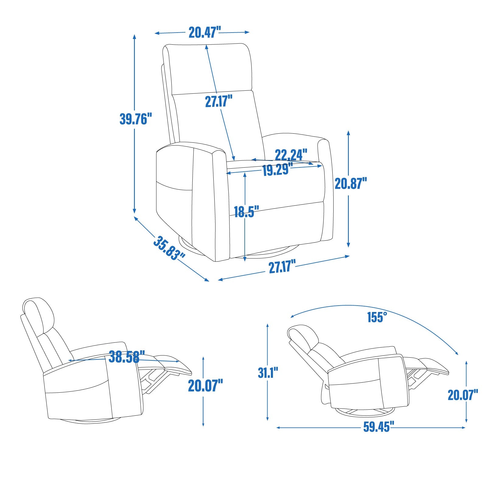 Heat Massage Manual Recliner Chair with Rocker and Swivel in Fabric for Living Room, Light Grey
