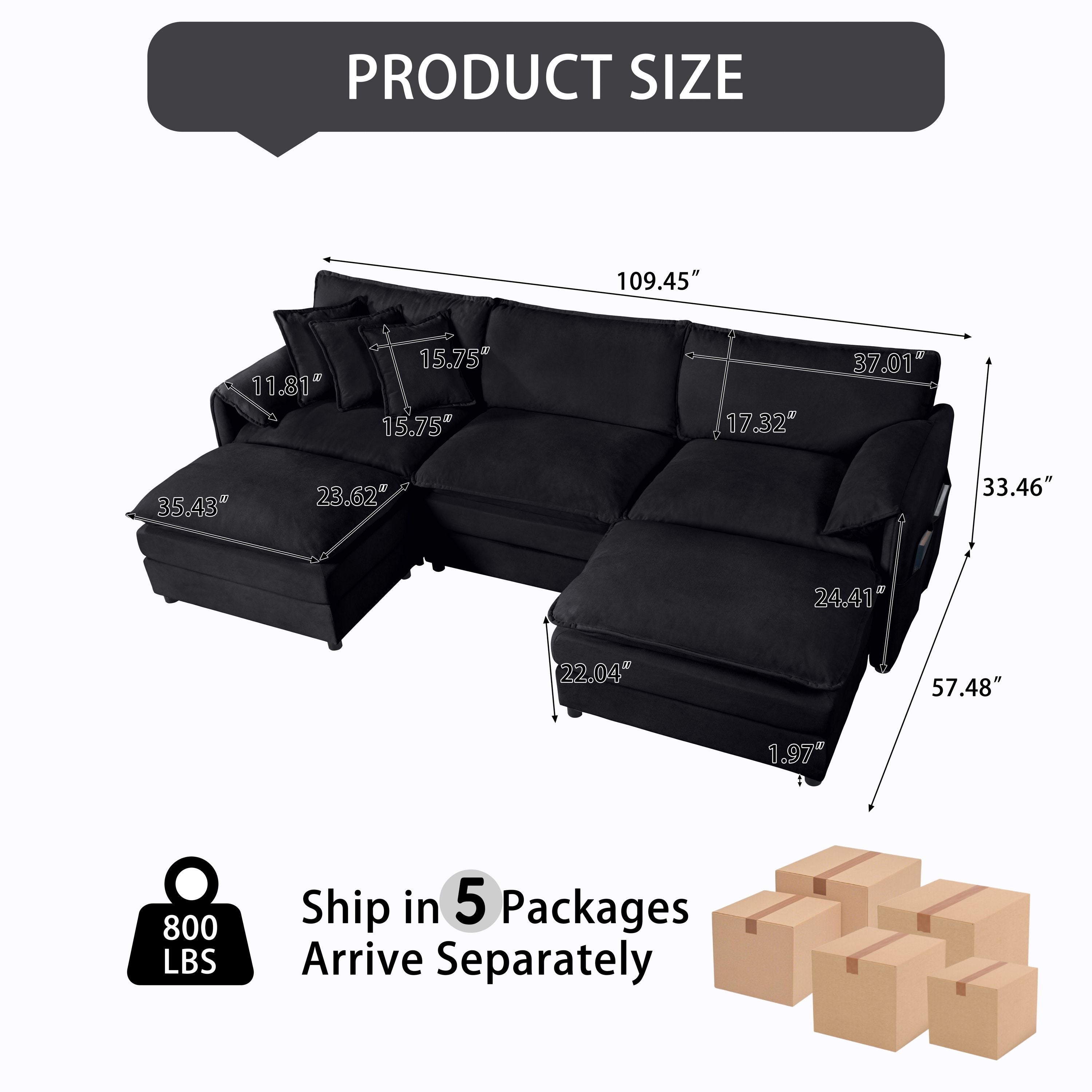Modular Sectional Sofa, Oversized Deep Seat U Shaped Couch Set for Living Room, 3-Seater Comfy Cloud Couches with 2 Movable Ottomans, DIY Combination, Chenille,Black