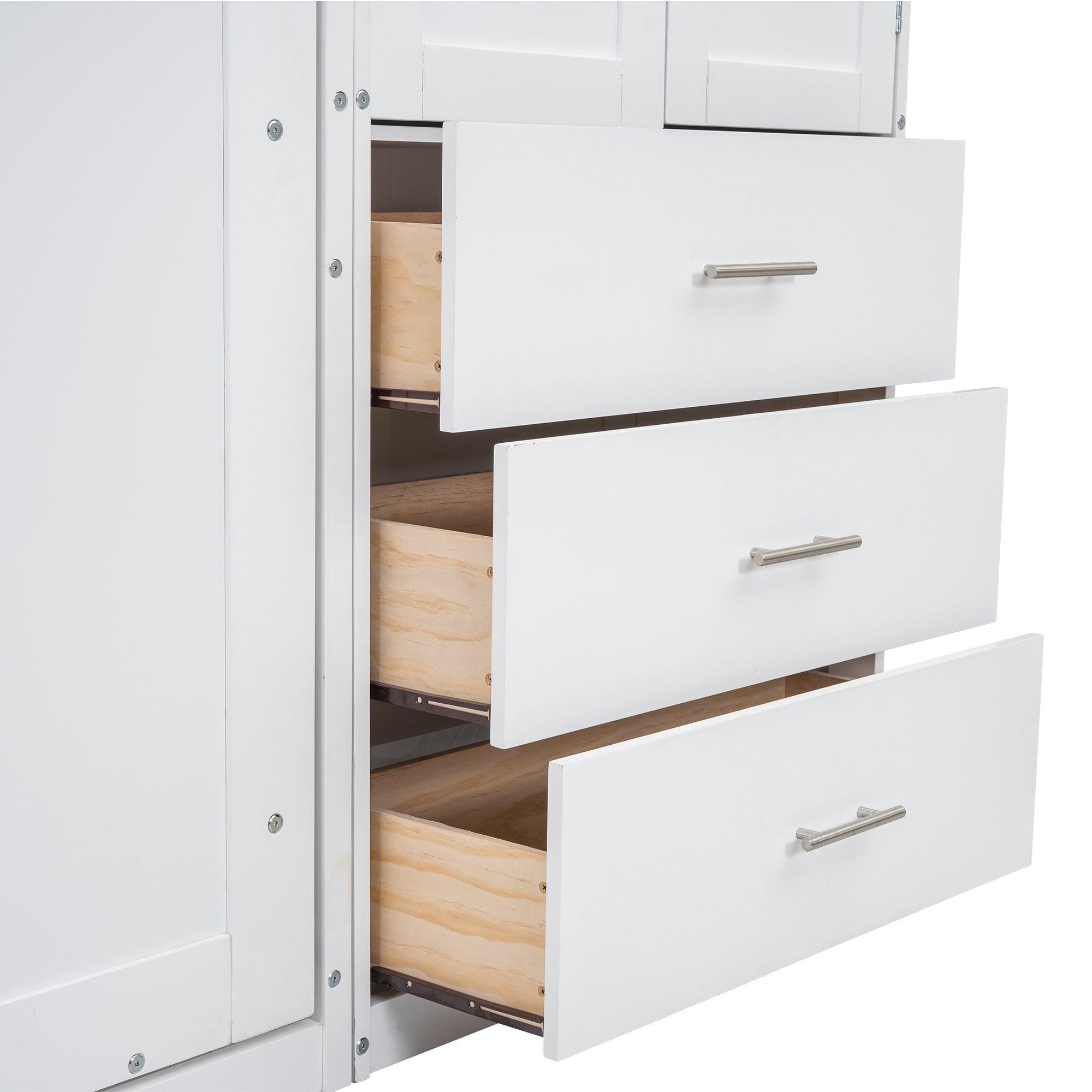 White Full Size Murphy Bed with Lockers and Wardrobes, MDF+Pine, 108.4''L x 15.7''W x 99''H