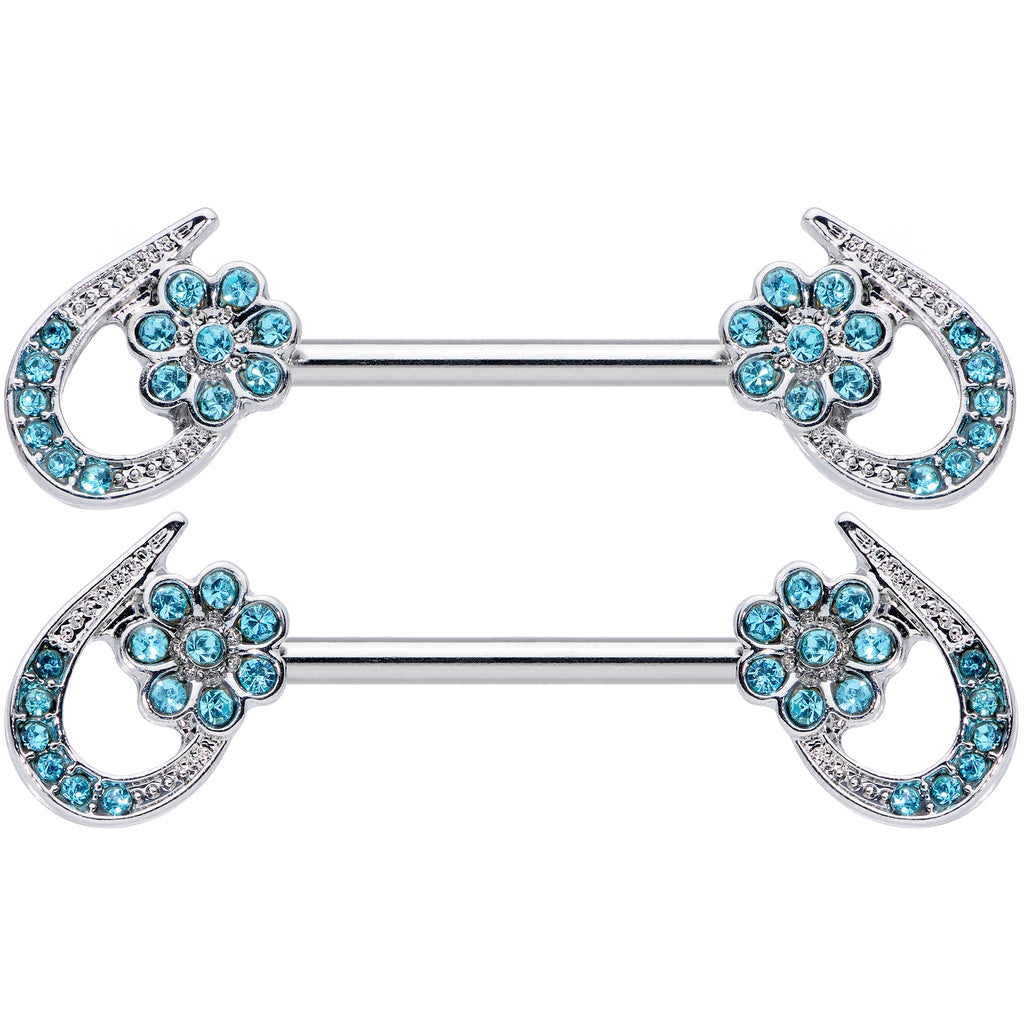 14G 5/8 Aqua Gem Heart Flower Barbell Nipple Ring Set