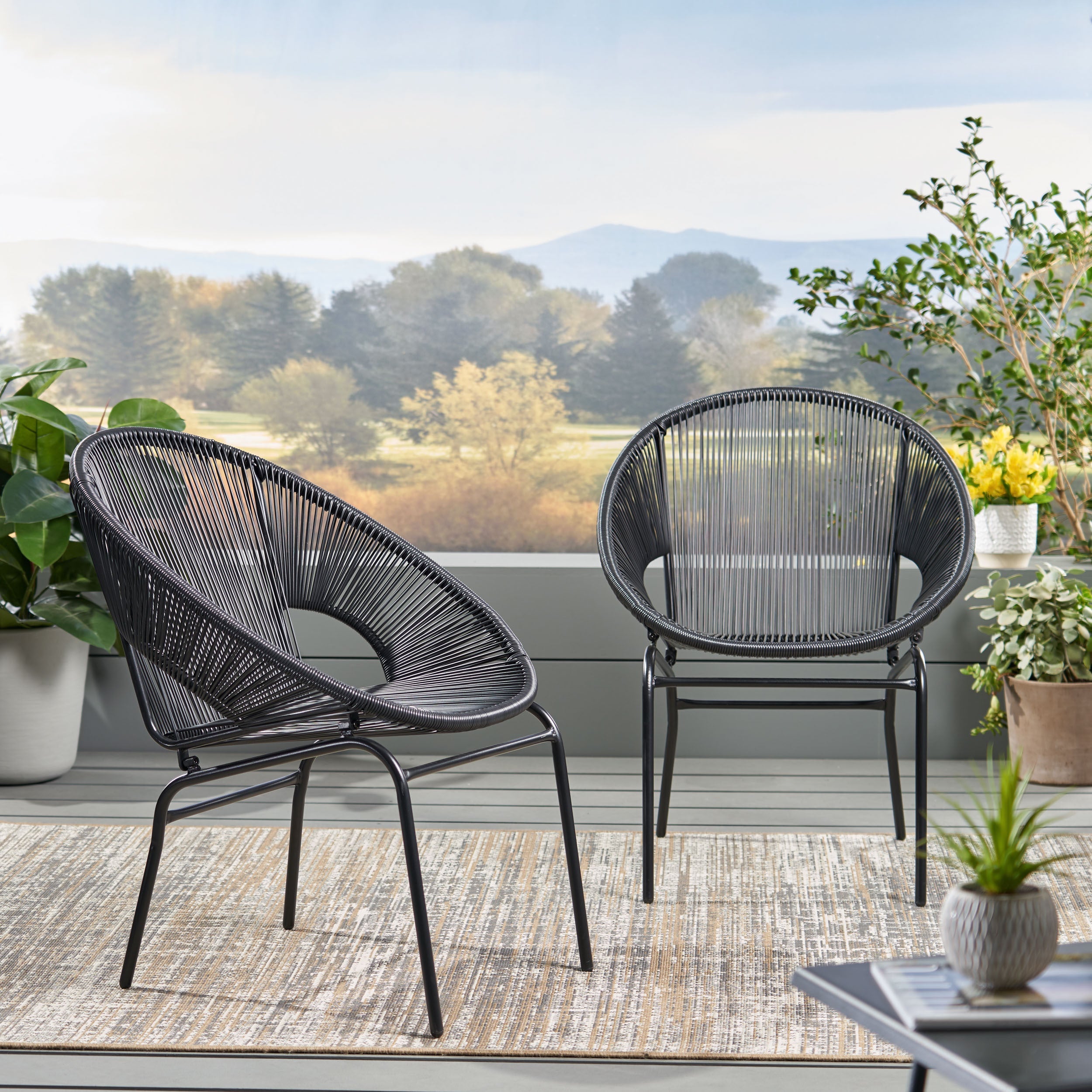 Outdoor Faux Rattan/Iron Metal Club Chair, Set of 2, Black