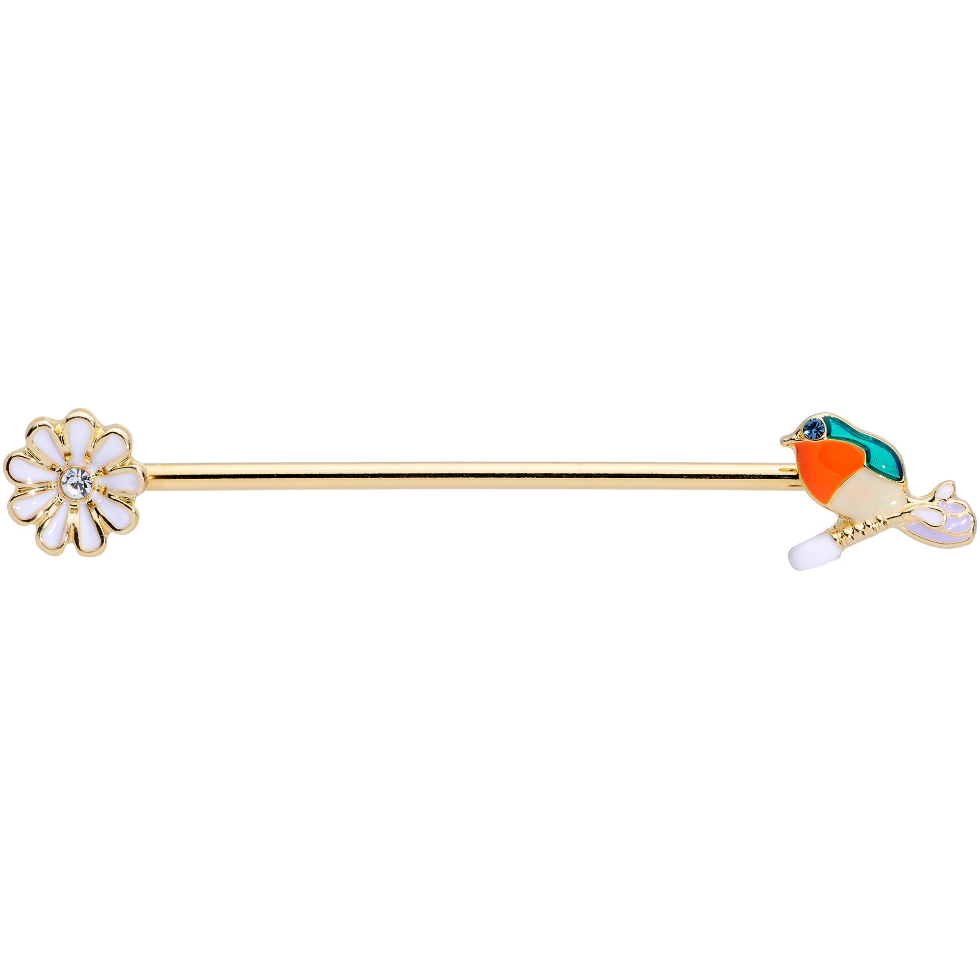 14G Green Gem Gold Tone Perch Bird Industrial Barbell 38mm