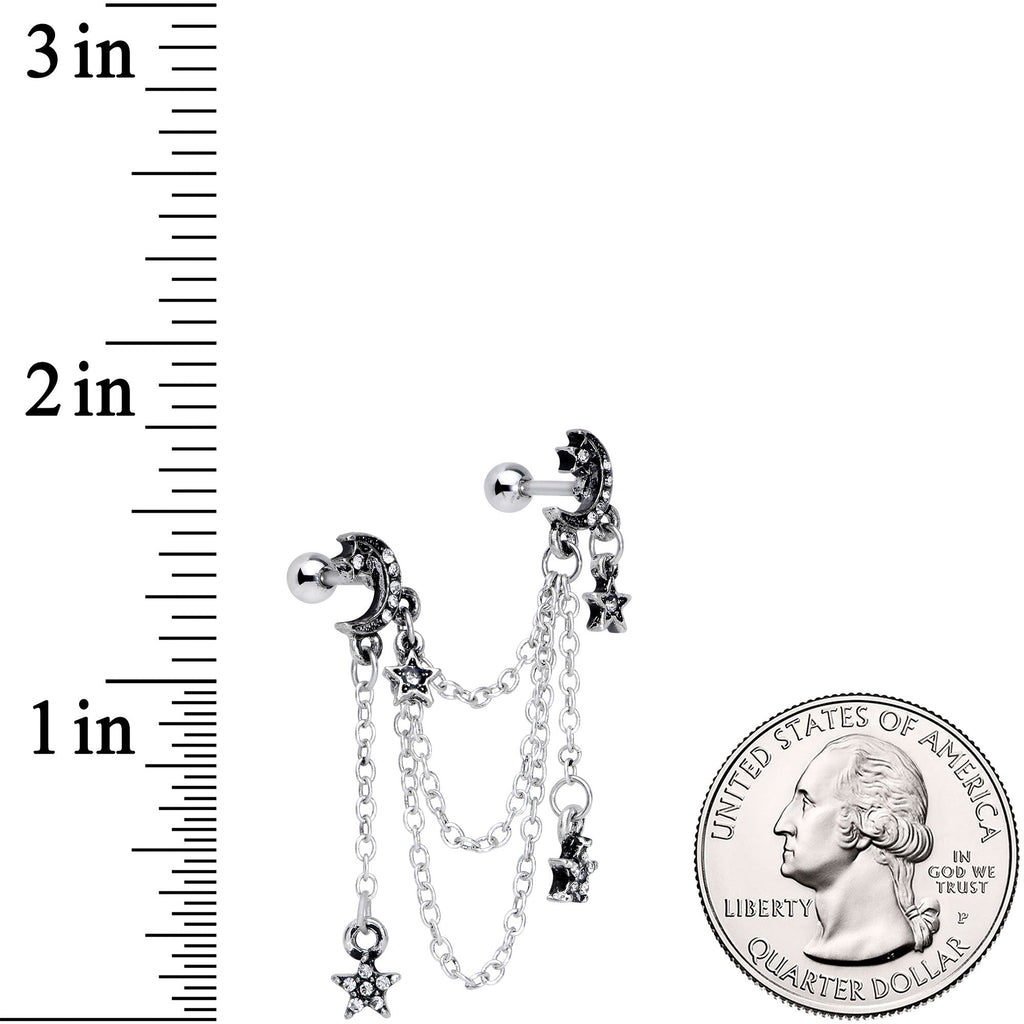 16G 1/4 Clear Gem Moon Star Triple Dangle Cartilage Chain Earring
